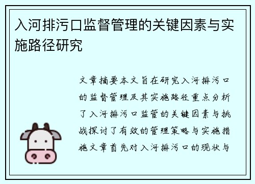 入河排污口监督管理的关键因素与实施路径研究